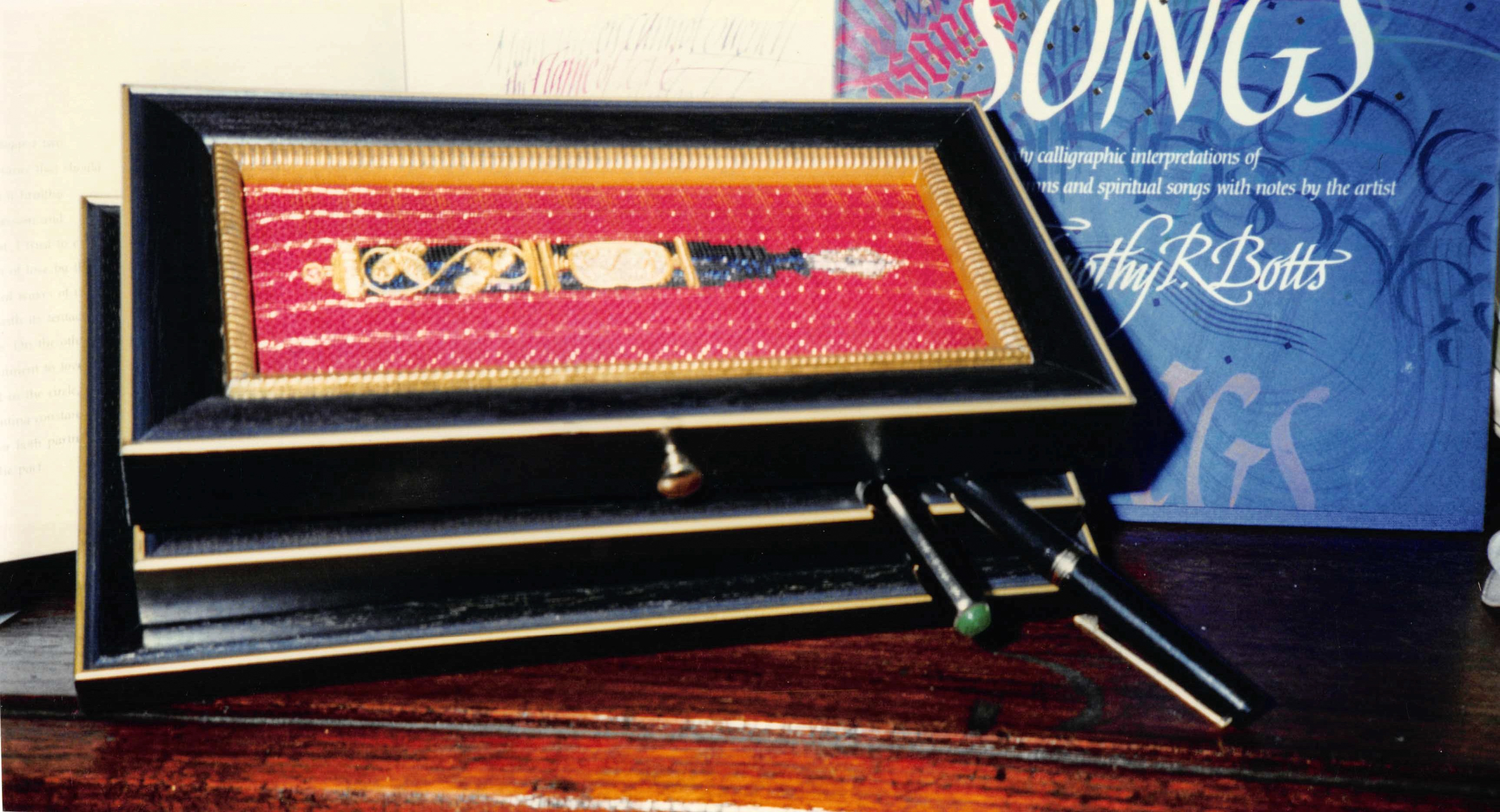 Custom build pen box made with frames. Opens and closes with lined interior for pens